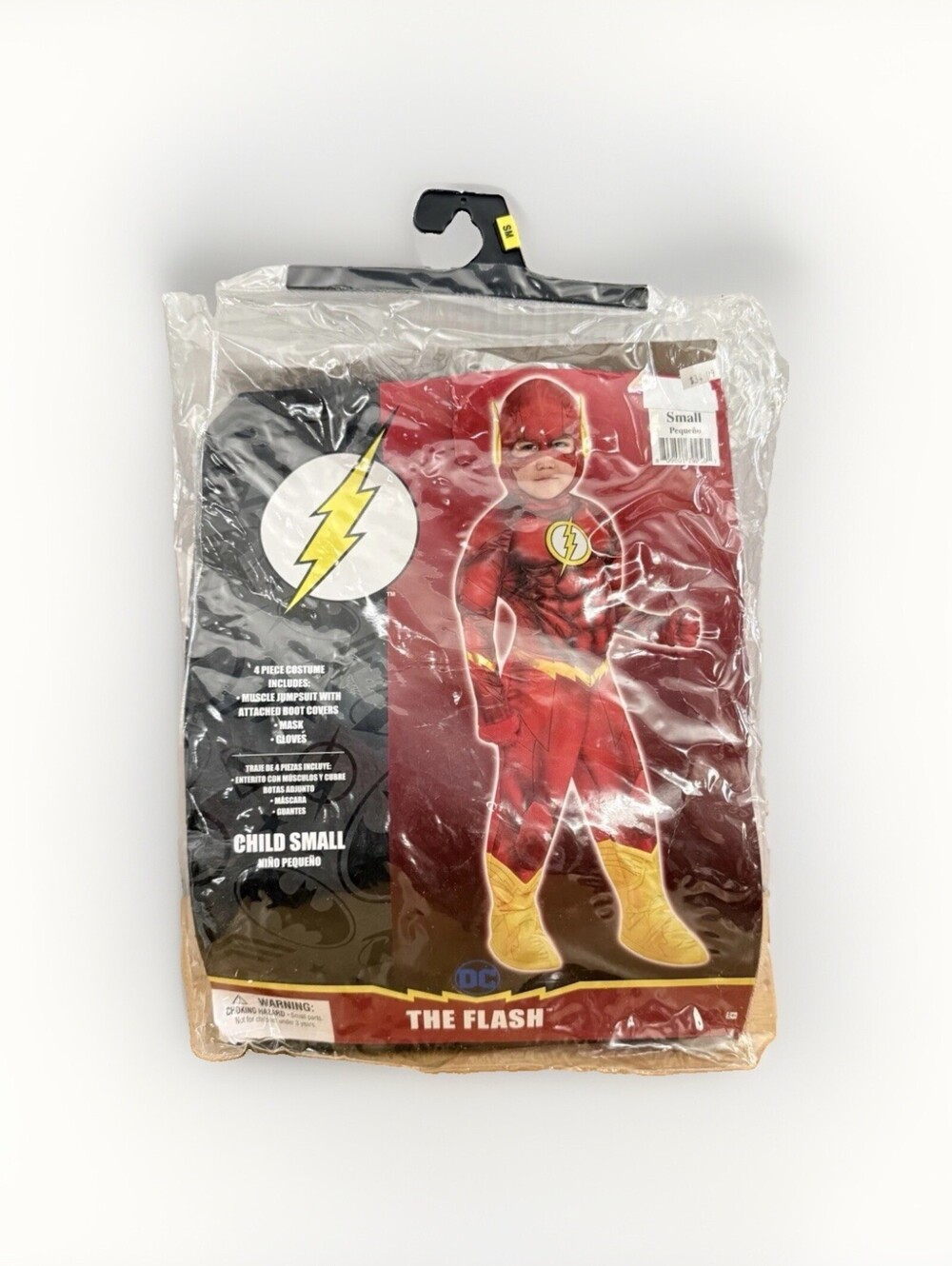 DC The Flash Costume Child Small 4 Piece Muscle Jumpsuit Mask Gloves Age 4-6 yo